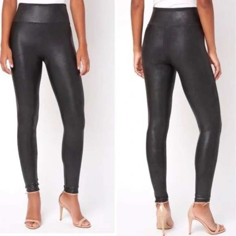 SPANX Womens‎ Faux Leather Metallic Leggings Black High Waisted Plus Size 3X